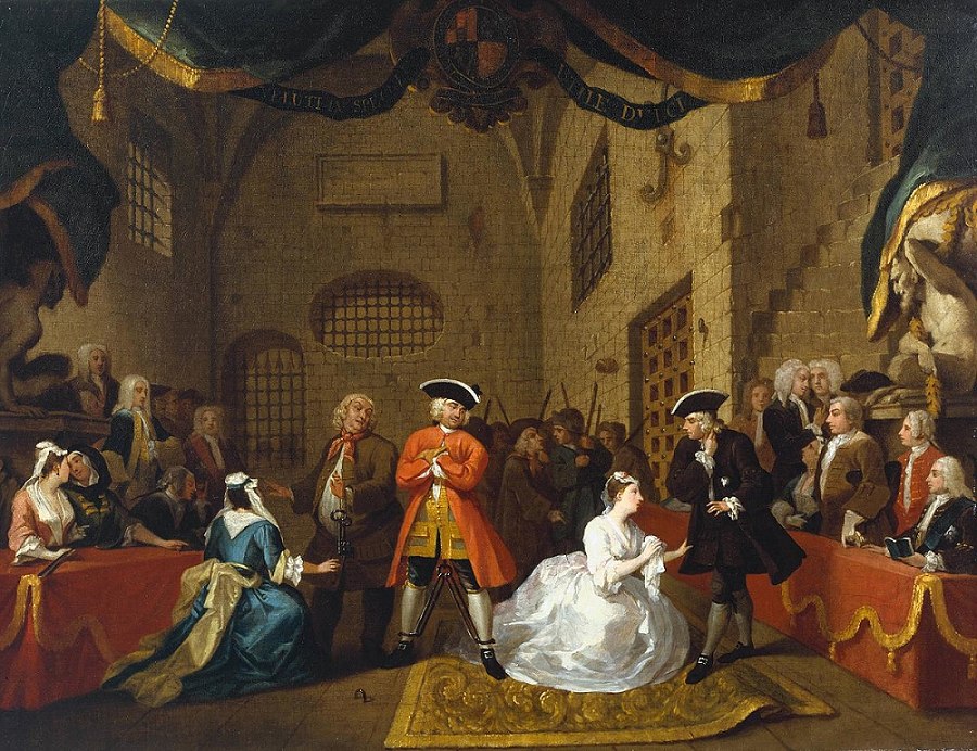 荷加斯，《<乞丐歌剧>中的一幕 VI》，1731年