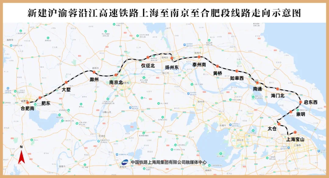 新建沪渝蓉沿江高速高铁上海至南京至合肥段线路走向示意图  殷超 制图