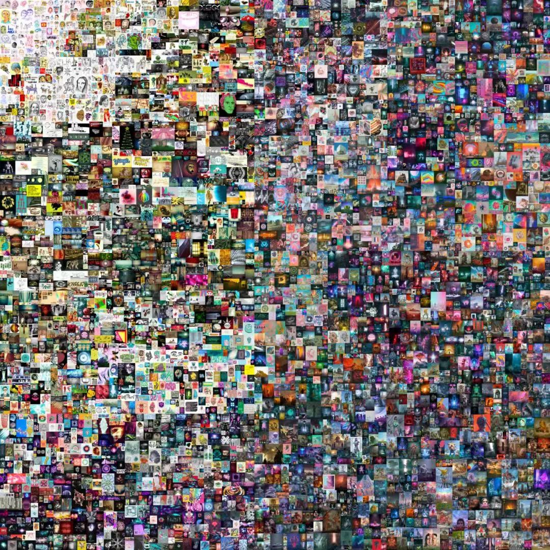 NFT数字艺术品《每一天：前5000天》，是创作者Beeple将其从2007年5月1日起每天在网上发布的绘画照片，在凑满5000张后用NFT加密技术组合到一起制作生成。图片来源 佳士得官微截图