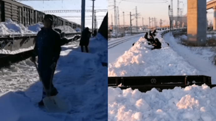 佳木斯铁路工人用铁锹除雪：已运出20列共计1100车
