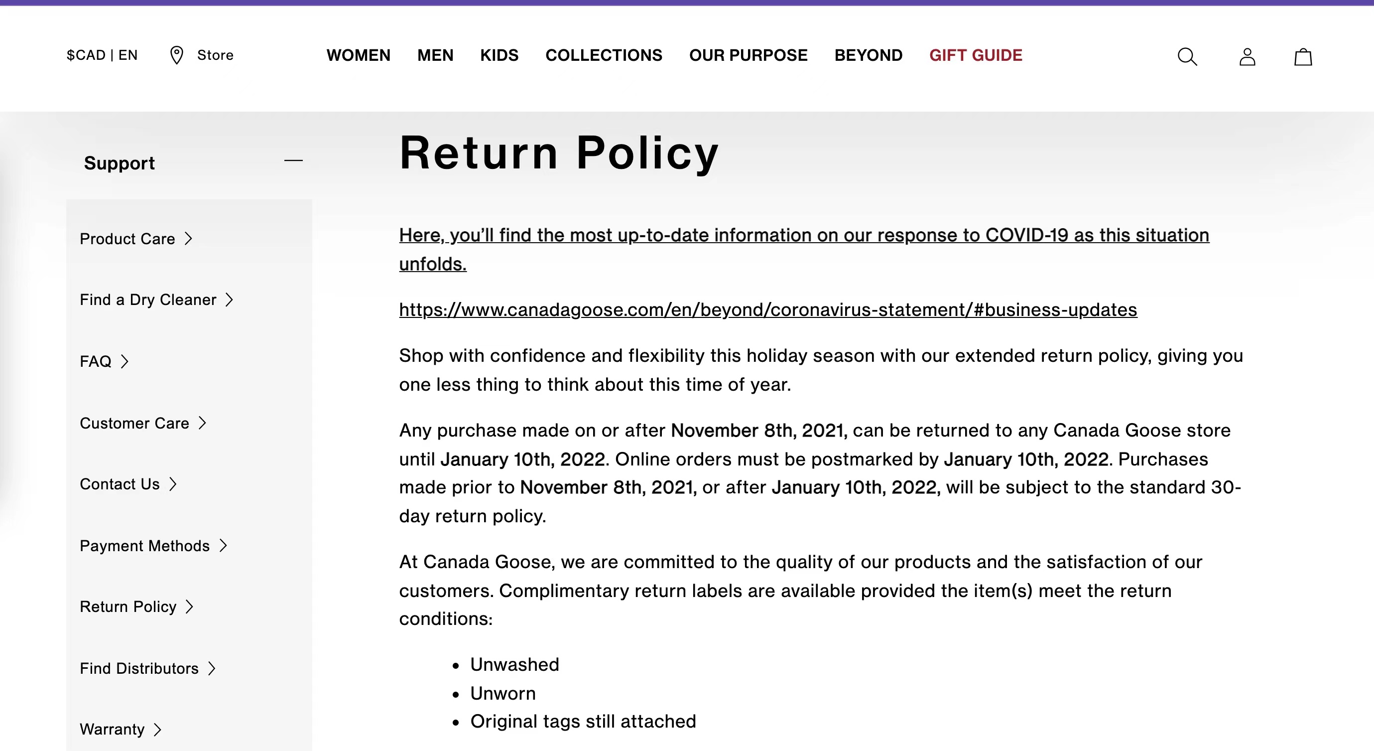 加拿大鹅官网显示，其在国外均支持30天内无理由退换货。