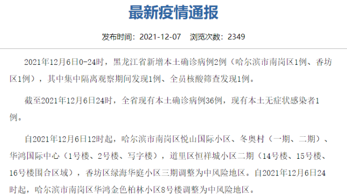 12月6日黑龙江新增2例本土确诊
