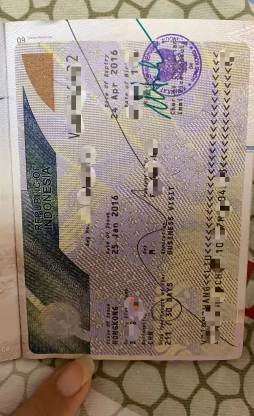 林森語2016年入境印尼工作所用簽證，上面寫著是“商務簽證”。