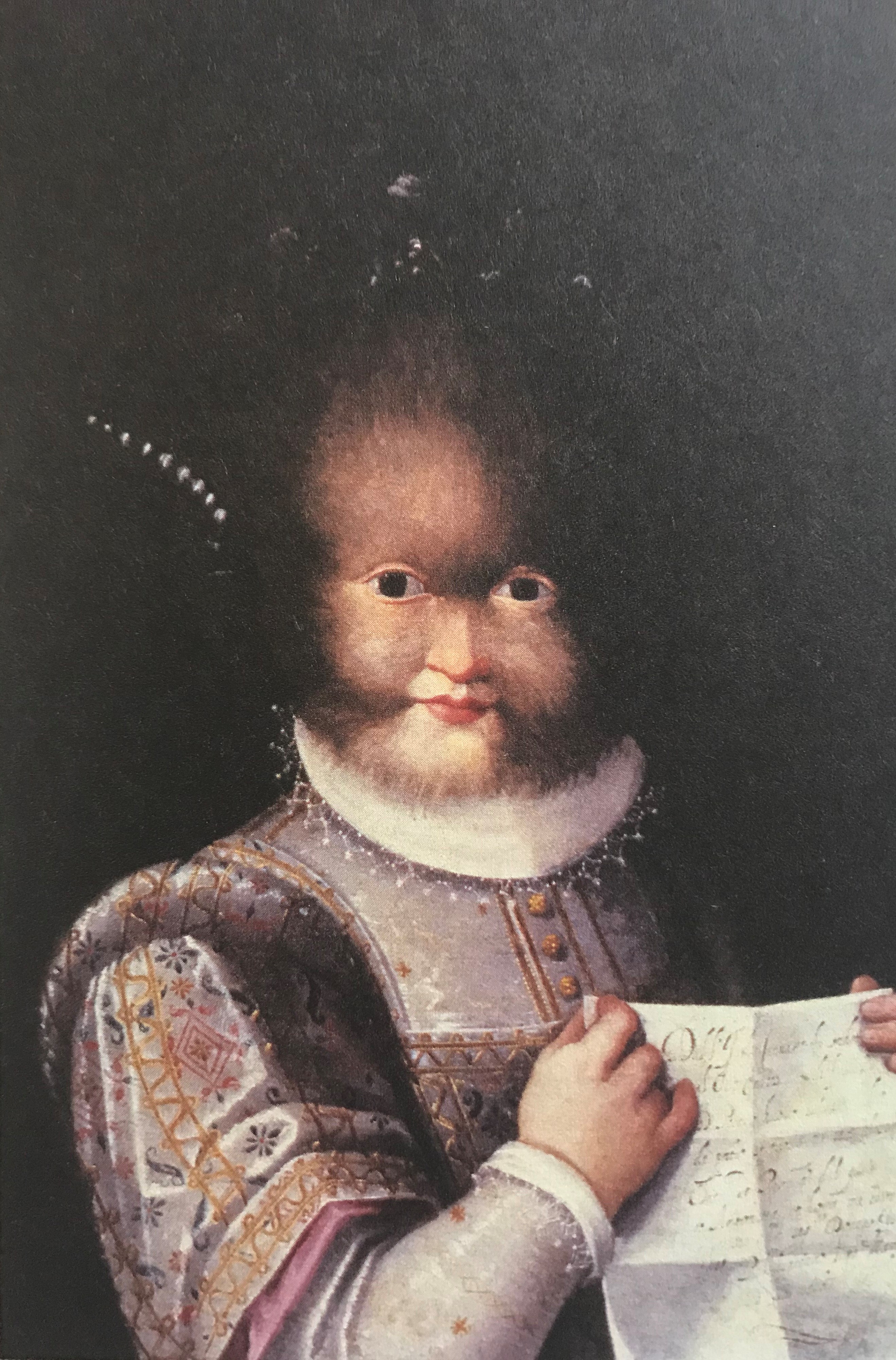 拉维尼娅·冯塔纳：《安托尼耶塔·贡萨鲁斯的肖像》（约1594-1595年）。《身体的历史》有关此图片的解说：“佩特鲁斯·贡萨鲁斯的女儿安托尼耶塔·贡萨鲁斯从其父亲那儿遗传了特殊基因。十六世纪末，她成了欧洲各国宫中各色人等争睹的对象，其中既有想把她添至保存大量这类巴洛克风格肖像的珍奇屋中的人，也有像阿德罗万蒂之类的学者。”（《身体的历史》（卷一），310页附图）