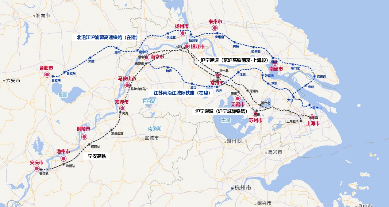 长三角沿江创新走廊主要铁路干线  资料来源:上海中创研究院整理