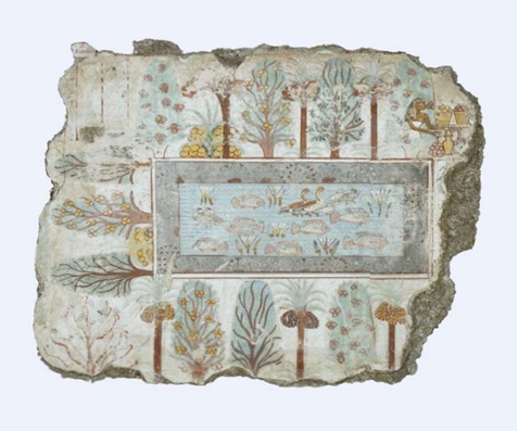 古埃及墓内壁画中的池塘养鱼（内巴蒙的庄园花园，大英博物馆馆藏）