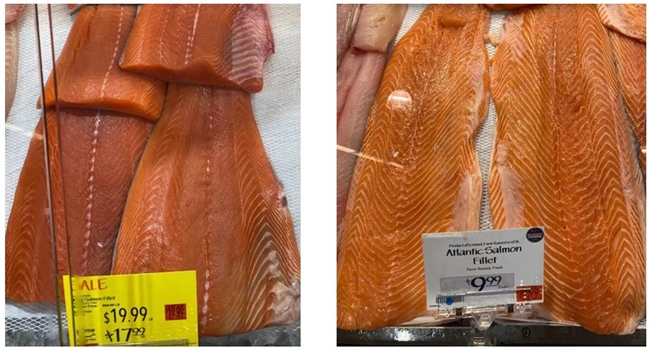 美国某超市，左图的野生三文鱼价格高于右图的养殖三文鱼（洪纬摄）