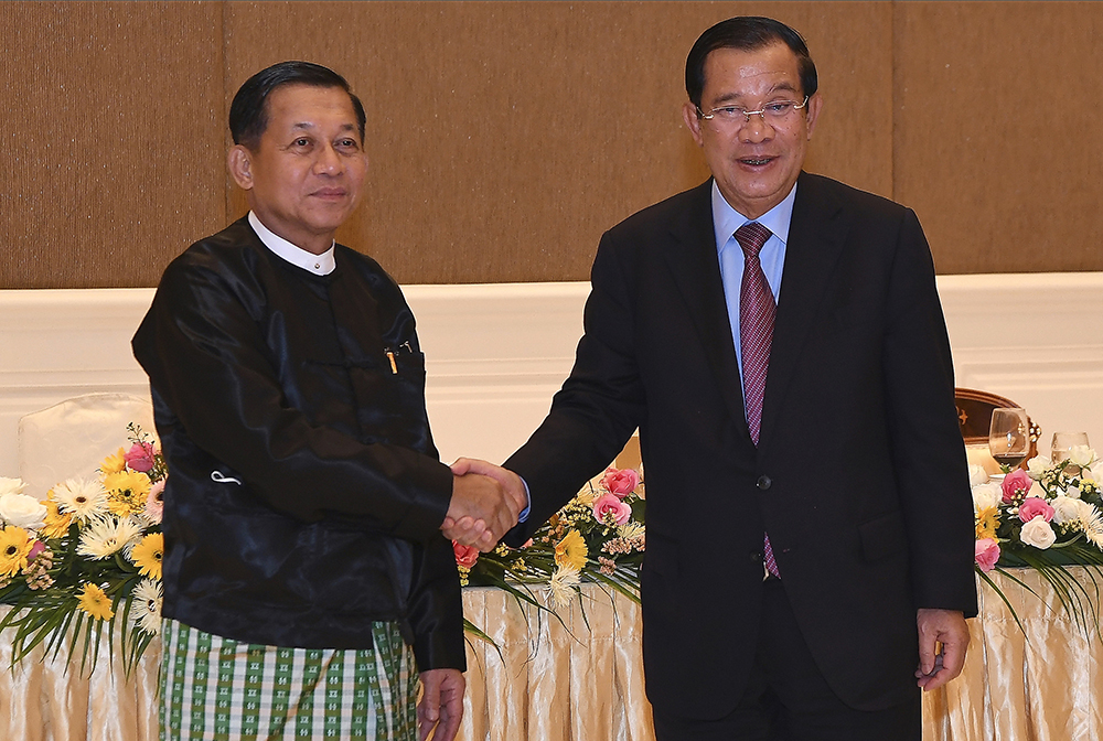 当地时间2022年1月7日，缅甸内比都联邦区，柬埔寨首相洪森会见了缅甸国家管理委员会主席敏昂莱，并进行了工作会谈。 人民视觉 图