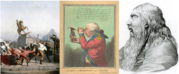 美国画家威廉·沃尔卡特（William Walcutt）绘《1776年7月9日在鲍林格林拉倒了乔治三世雕像》 (1854)、詹姆斯·吉尔雷（James Gillray）讽刺画：乔治将拿破仑放在手中端详（1803）、 英国画像师、雕塑师亨利·麦耶（Henry Meyer）描绘乔治晚期景况。