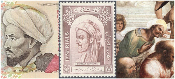从左至右：哈萨克斯坦纸币上的法拉比形象、伊朗邮票上的阿维西纳形象、拉斐尔《雅典学院》中的阿维罗形象