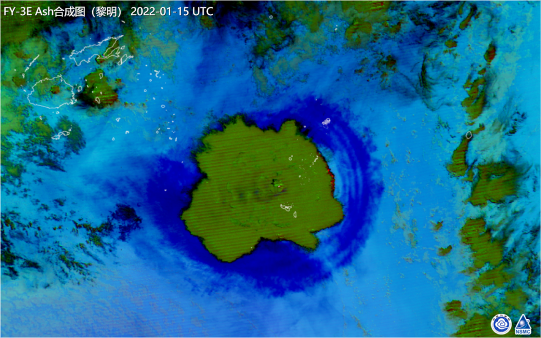 图. FY-3E/MERSI汤加红阿哈阿帕伊岛火山爆发多通道合成图（2021年01月15日黄昏轨道 汤加时18：00）