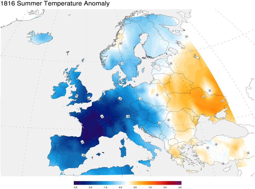 估算的1816年欧洲温度异常，比气候平均态低3度以上。
