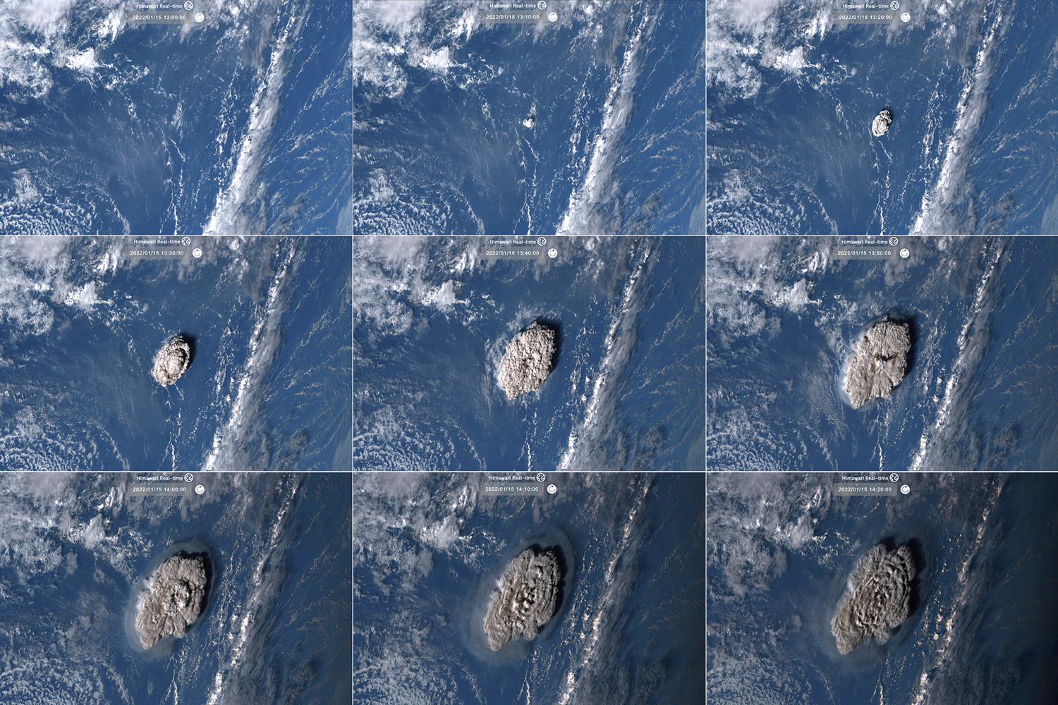 点击看大图｜当地时间2022年1月15日，卫星照片组合图：洪阿哈阿帕伊岛海底火山（Hunga Tonga Hunga Ha'apai）剧烈喷发过程。