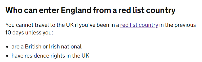 只有（a）英国/爱尔兰公民，或（b）有英国居留权的人才能从“红名单”国家入境英国四地。