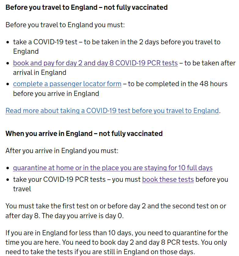 英格兰对未接种的旅客入境要求