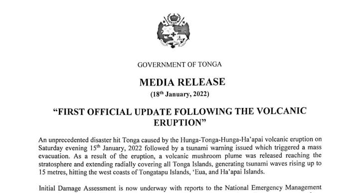 汤加政府灾后首度发声：确认3人死亡，灾难“史无前例”