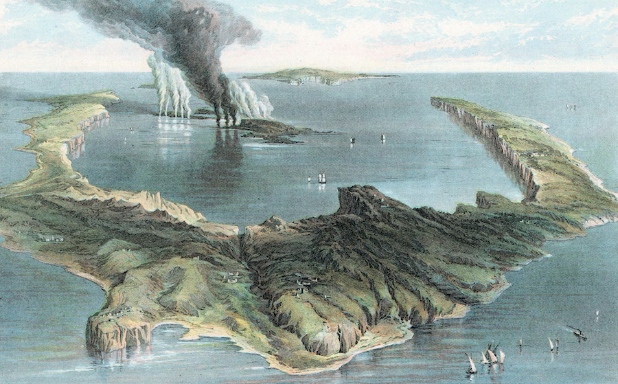 希腊圣托里尼火山在1866年3月的一次喷发。该岛的马蹄形是在公元前1500年的一次大爆发中形成的。古代的火山喷发可能产生了一股海啸，摧毁了克里特岛上的克里特岛上的克里特人城市克诺索斯，也可能引发了失落的亚特兰蒂斯大陆传说。