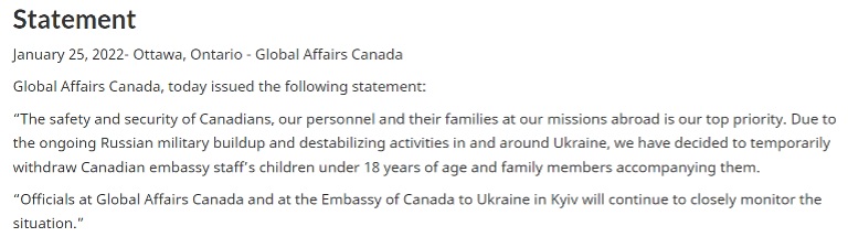 加拿大政府全球事务部（Global Affairs）本月25日发表声明，宣布暂时撤离使馆工作人员家属，以及18岁以下的儿童。