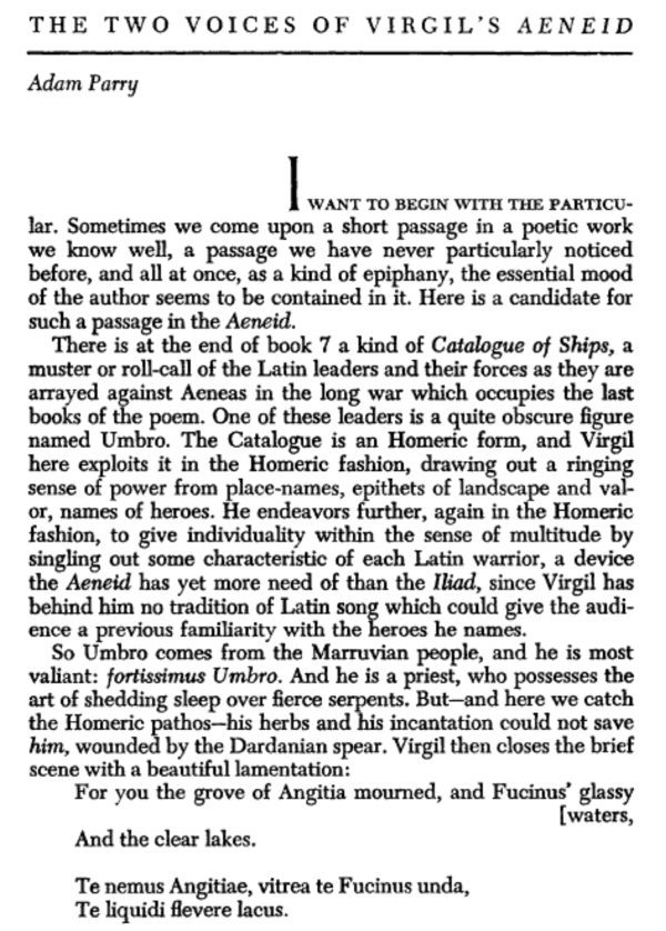 “哈佛派”的开山之作——亚当·佩里（Adam Parry）于1963年发表的《维吉尔〈埃涅阿斯纪〉中的双重声音》（The Two Voices of Virgil's Aeneid）