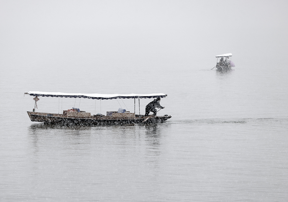 雪花飘飘中,泛舟西湖上.