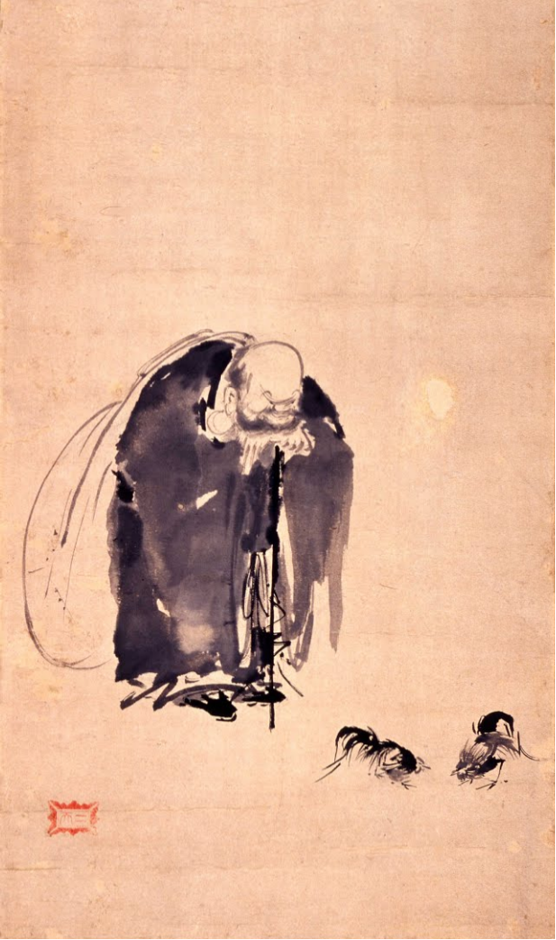 十七世纪日本“剑圣”宫本武藏的传世绘画《布袋见斗鸡图》，图中布袋和尚正在观看斗鸡。传说宫本武藏的剑术达到“木鸡”境界。