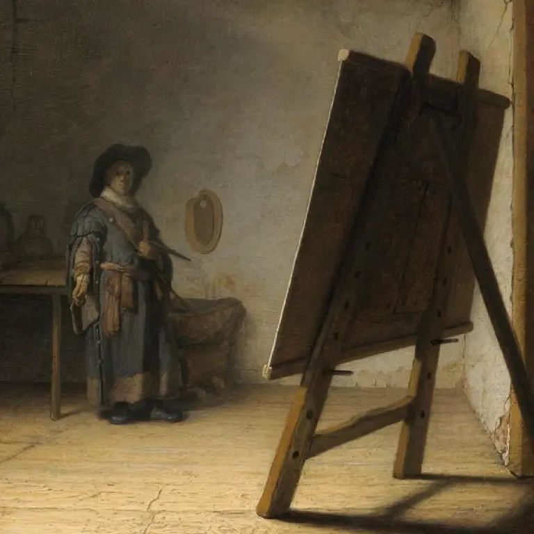 《艺术家在事变室的自画像》，伦勃朗，荷兰，约1628年，木板油画