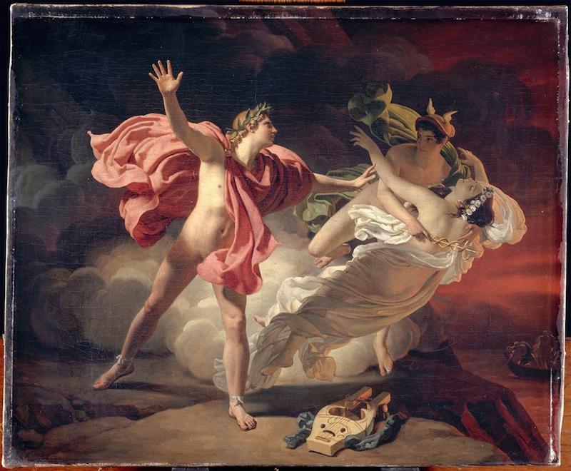 法国新古典主义画家米歇尔·马丁·德罗林（Michel Martin Drolling）描绘奥菲斯转身之后失去欧律狄刻的一幕（1820）