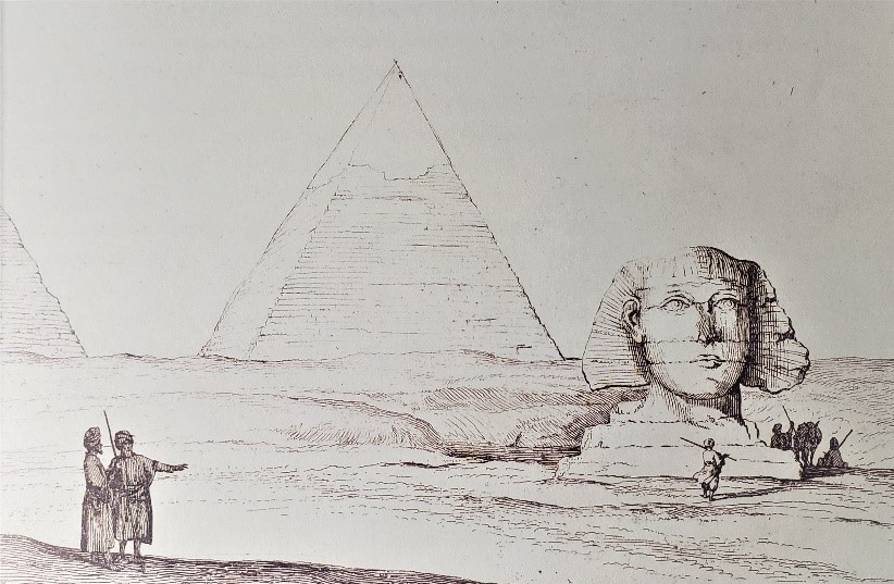 诺登绘制的狮身人面像，后面是哈夫拉金字塔（1737年）