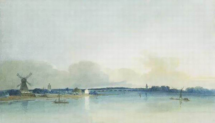 托马斯·吉尔丁 《切尔西的白色小屋》 1800年 纸本水彩，在上海博物馆引进的英国泰特不列颠美术馆馆藏展中展出