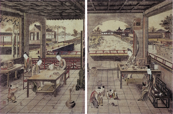 图2： 苏州版画《莲塘行乐图 》木刻版画，两幅可合为单一构图，一幅74.6 厘米 ×56.3 厘米，另一幅73.6厘米×56厘米，日本広島海の見える杜美術館(Umi-Mori Art Museum, Hiroshima, Japan) 