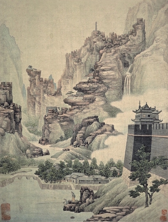 图5：释道存(石庄)册页，来自《天台八景》，1706 年，绢本设色，36.2 厘 米 ×28 厘米，苏富比拍卖图录(New York, June 1, 72) 亦见 Sotheby’s Hong Kong“, Fine Chinese Paintings from the Currier Collection,”May 1, 2000, no. 109。图册将作画时间定为1766年,将画家卒年定为1792 年 