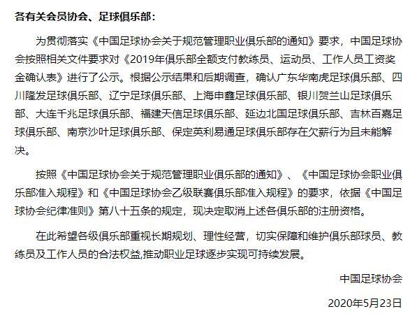 2020赛季中国足协准入公告截图。