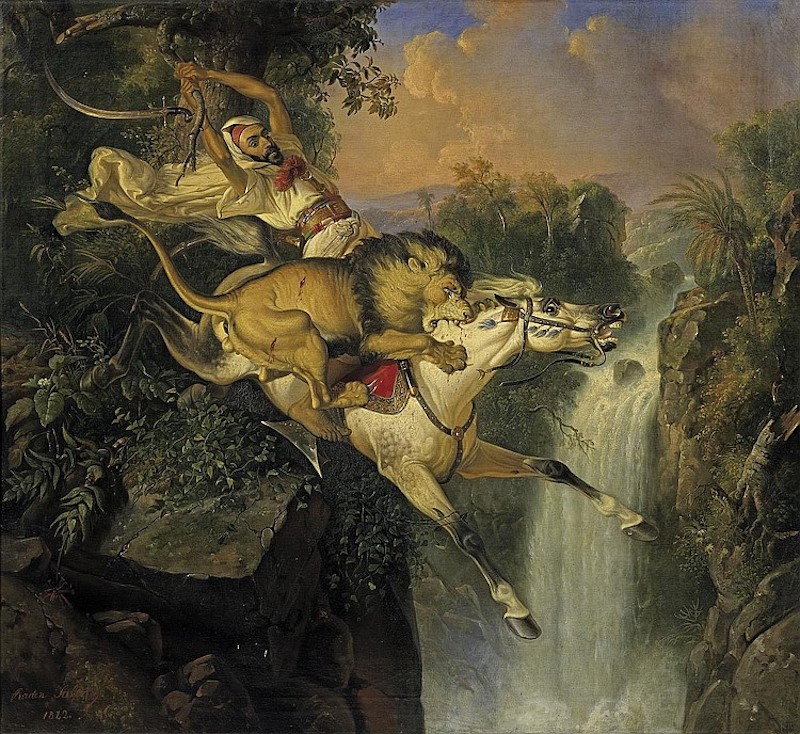 《马背上的阿拉伯人被狮子袭击》，拉登·萨利赫，1842年，私人收藏