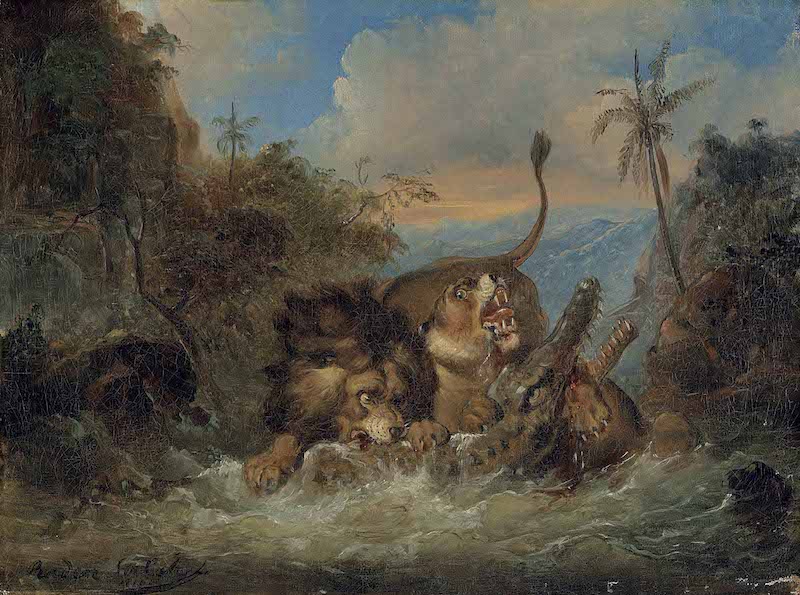 《雄狮、雌狮与鳄鱼搏斗》，拉登·萨利赫，1840年，私人收藏