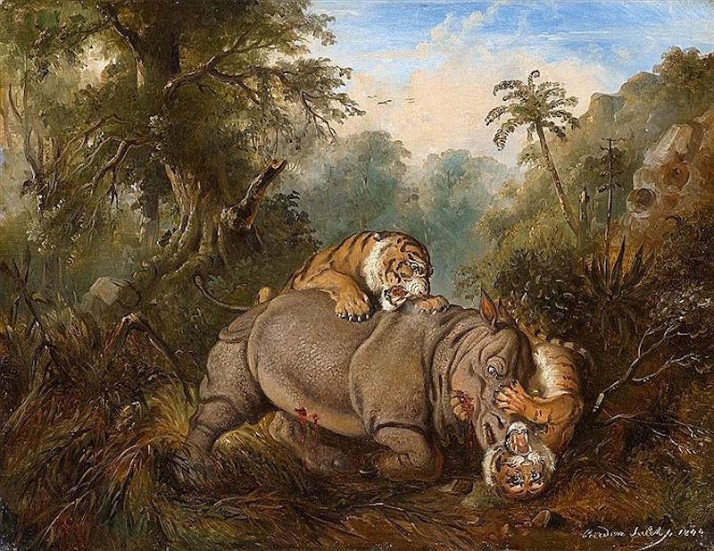 《巽他犀牛与两只老虎搏斗》，拉登·萨利赫，1840年，印尼力宝集团收藏