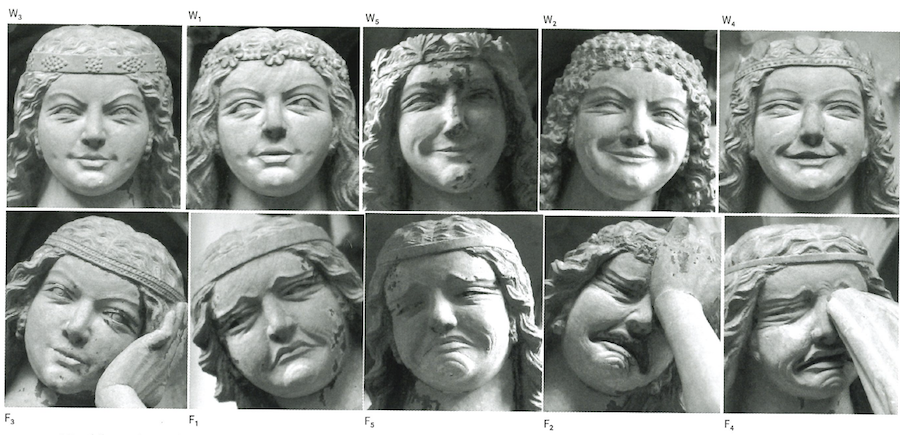 图六：马格德堡大教堂入口处，聪明与愚拙童女雕塑面部表情的重组排序，153页