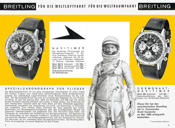 在航空计时腕表（Navitimer）的基础上，百年灵为宇航员卡彭特设计制造了适应太空任务的新版腕表Cosmonaut-Navitimer。
