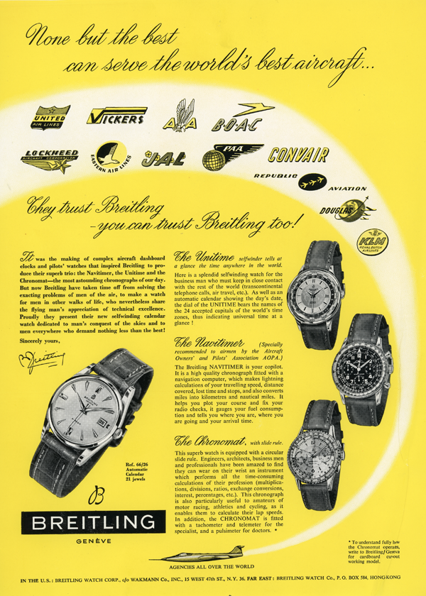 百年灵航空计时腕表（Navitimer）广告海报，1950年代。