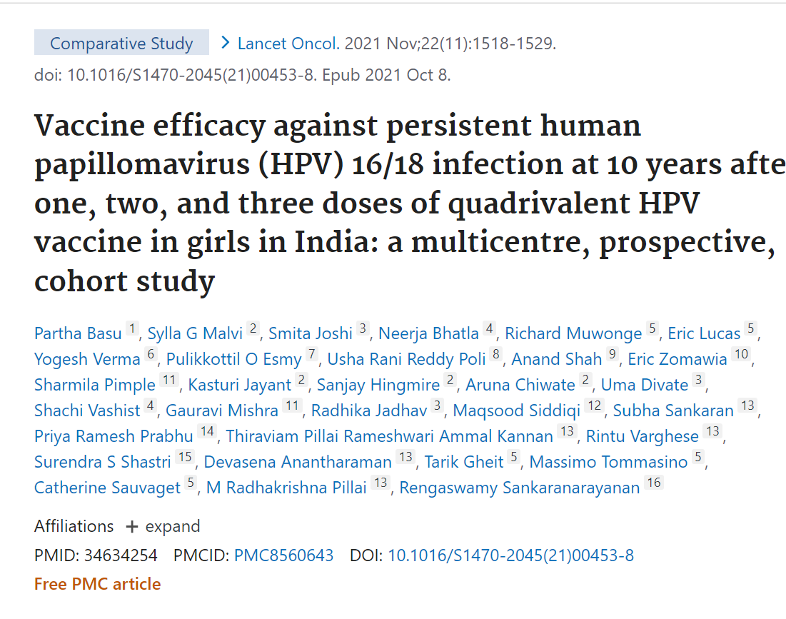 柳叶刀-肿瘤学关于HPV疫苗不同剂次接种效果的论文首页