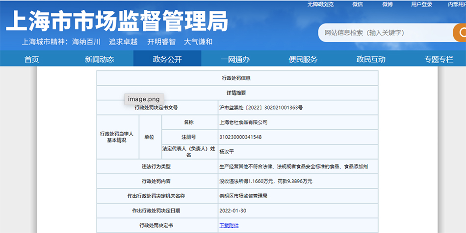 2022年1月，崇明区市场监督管理局对上海老杜食品有限公司作出行政处罚。