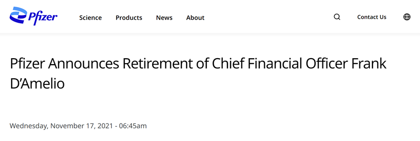 2021年11月17日，辉瑞在公司官网发布公告，宣布弗兰克·德阿梅里奥将退休的消息。