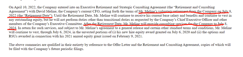 莫德纳在4月6日向美国证券交易委员会提交的一份8-k文件提到，梅林的“退休日期”为2022年7月8日，退休后他将继续担任莫德纳的顾问至2024年7月8日。
