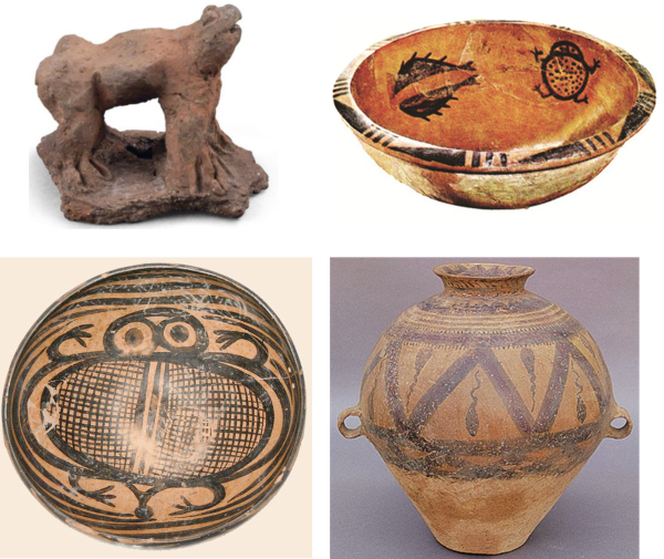 圖2：新石器時期陶器上的蛙和蝌蚪紋飾及陶塑蛙