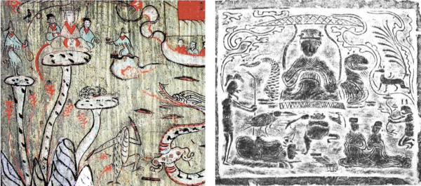 圖10：東漢壁畫和畫像石中的蟾蜍舞蹈形象（左：陜西定邊郝灘鄉墓；右：四川博物館藏）