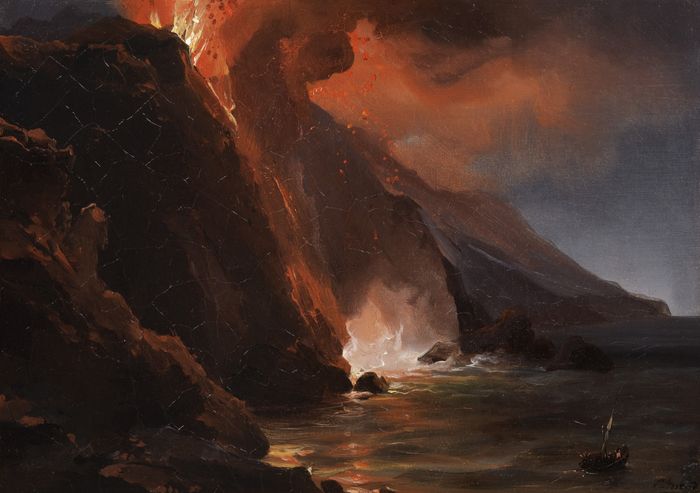 让-查尔斯·雷蒙德，《1842年8月30日斯特龙博利火山的爆发》，1842 年，27×37cm，私人藏