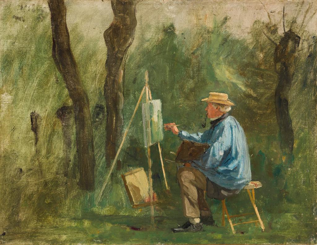 欧仁·迪康（Eugène Decan），《户外作画的卡米尔·柯罗》，30.7x40cm，1874年，剑桥菲茨威廉博物馆藏
