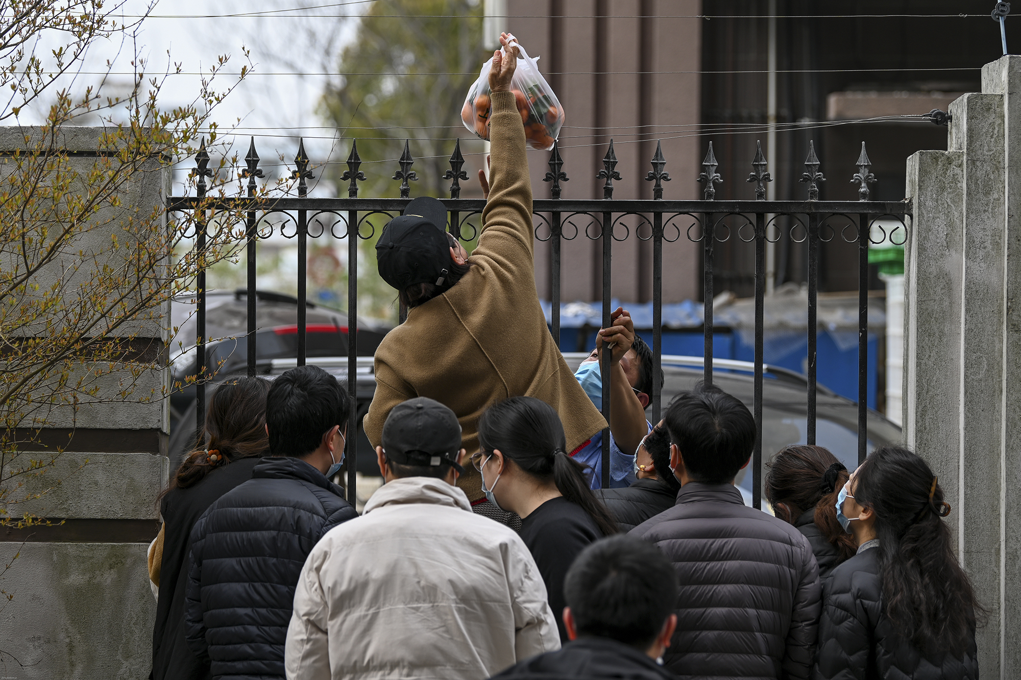 2022年3月30日，上海晶华坊，居民隔着栏杆取水果。