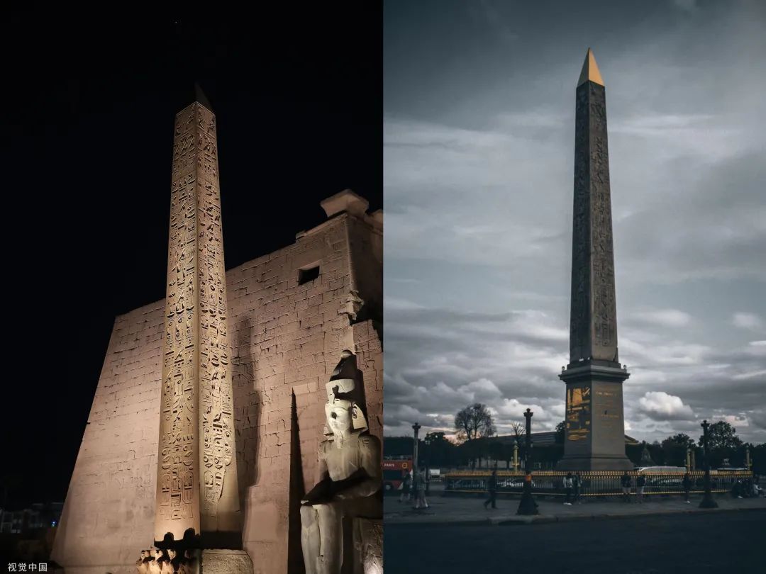 卢克索神庙前保留的方尖碑（左）与巴黎市中心的方尖碑（右），左图源自视觉中国