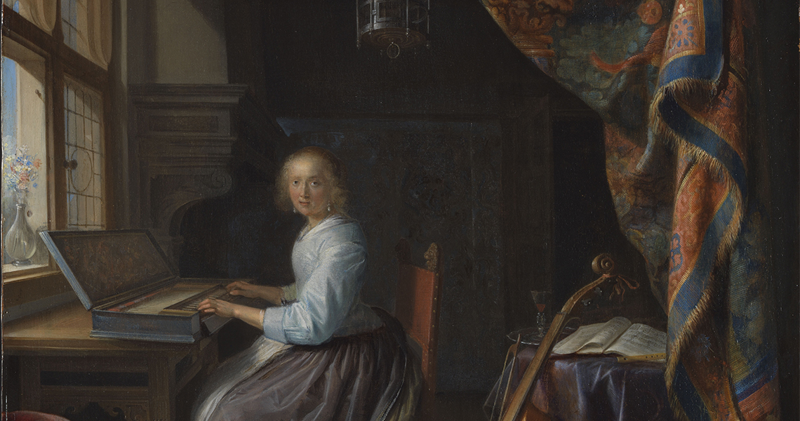 格里特·德奥（Gerrit Dou），《弹奏古钢琴的女子》，约1665