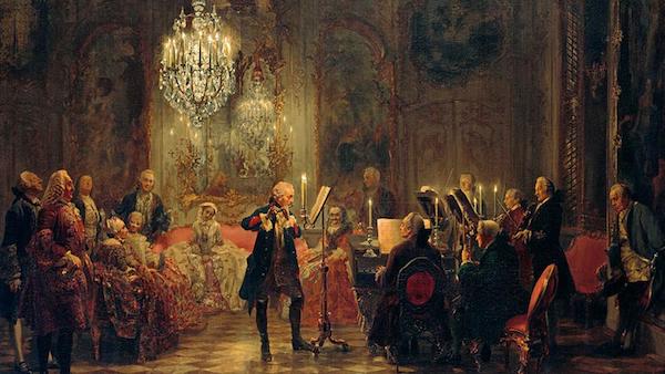 阿道夫·冯·门采尔的油画《无忧宫的长笛音乐会》（1852年）。弗里德里希二世有演奏长笛的爱重并颇有造诣，即便在战场上也会随身捎带长笛